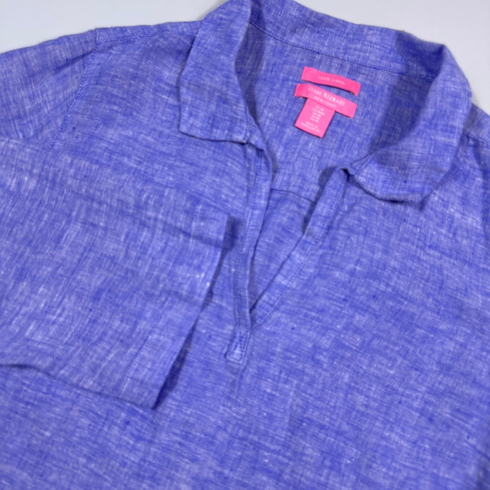 Isaac Mizrahi New York 100% Linen Tunic Top Blue 3/4 Sleeve Side Tie‎ Womens M